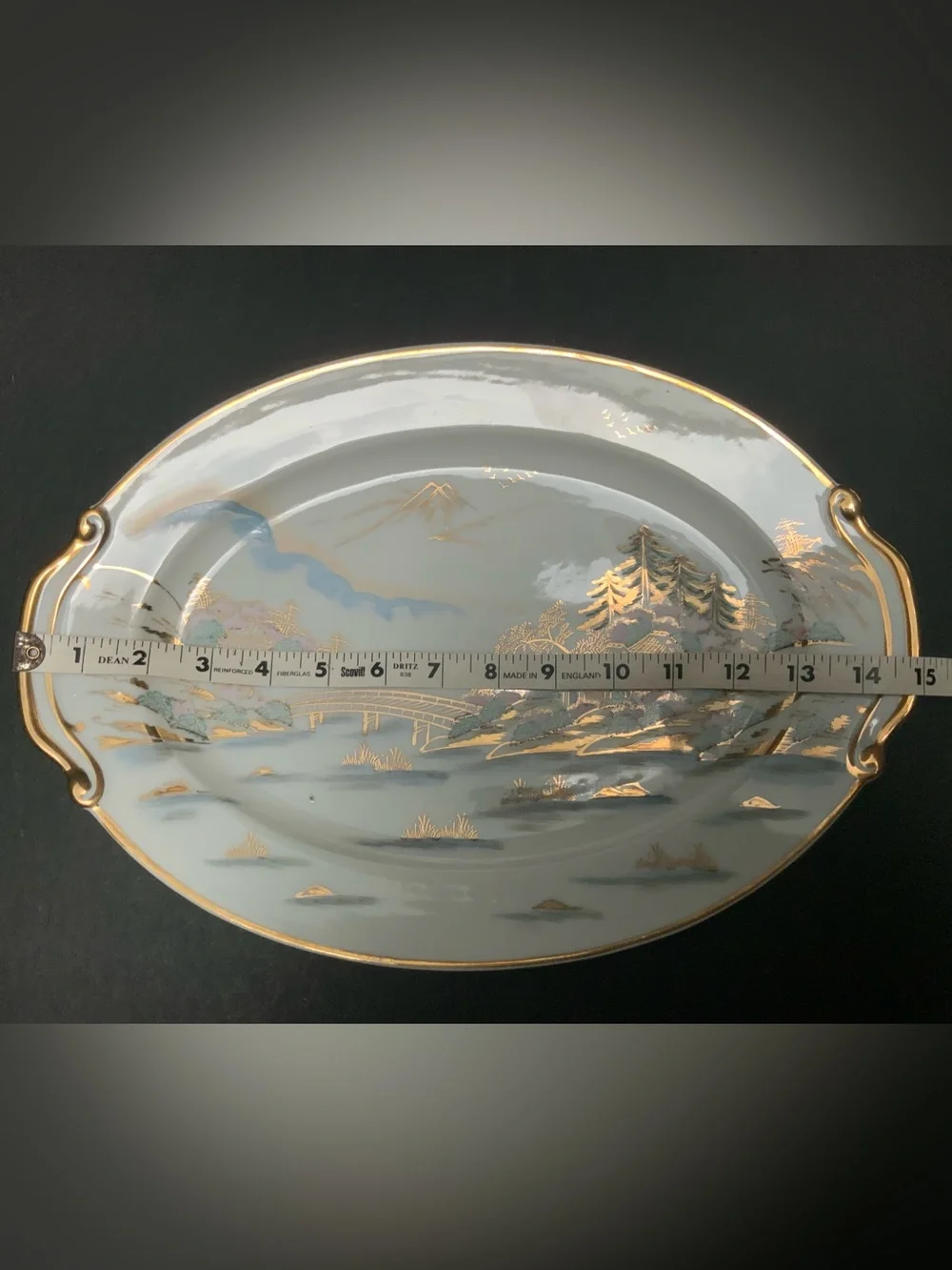 Vintage Hand-painted Kutani Porcelain 15” oval serving platter, Gold Trim, Japan